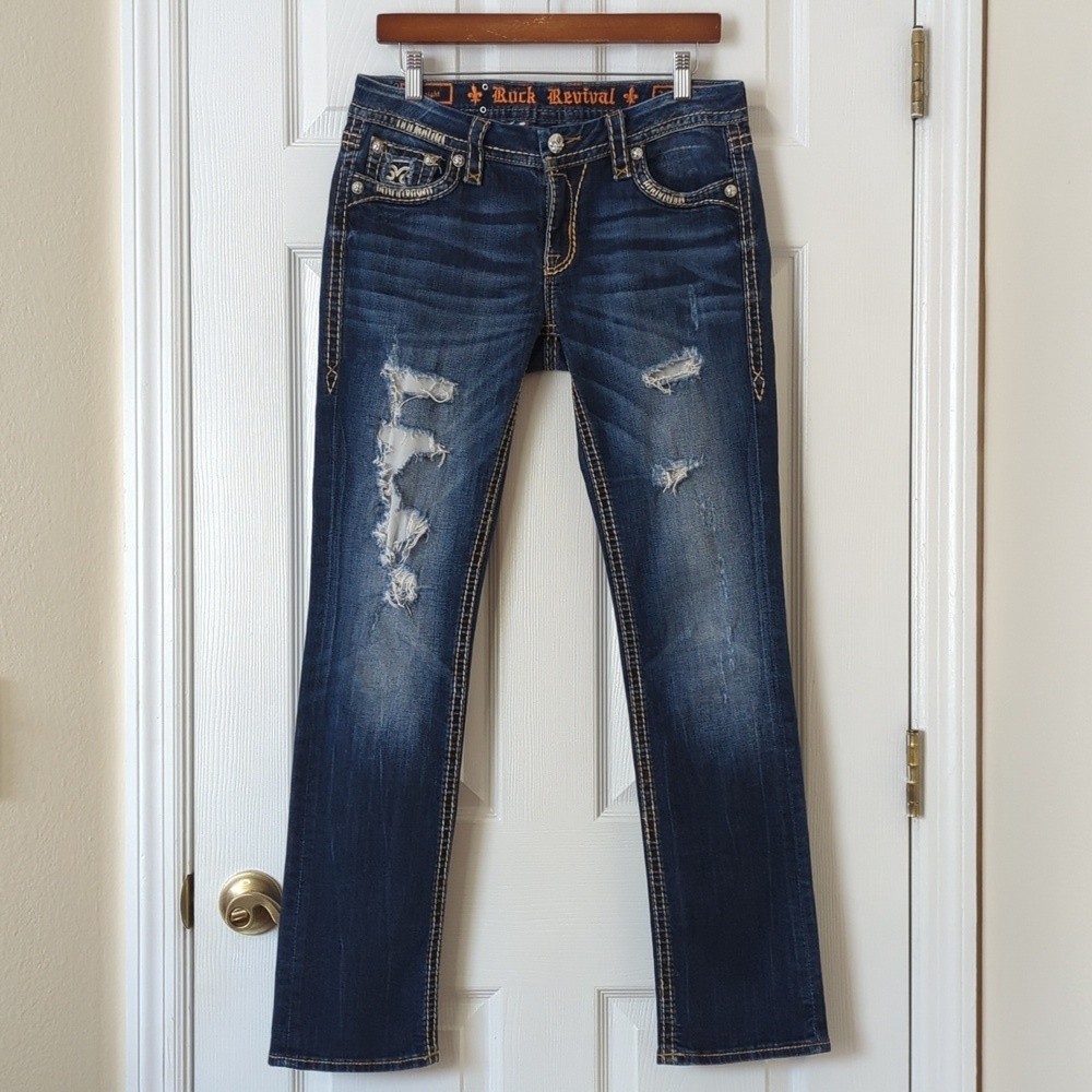 Rock Revival Karla Distressed Dark Wash Low Rise Slim Fit Straight Leg Jeans 29